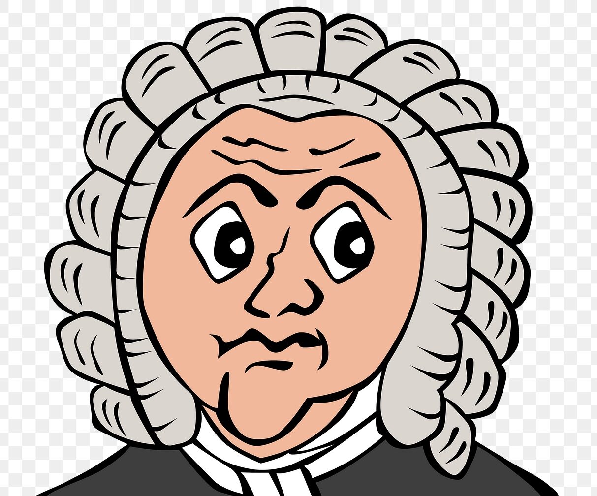 Cartoon illustration of a judge with a white wig and a serious expression.