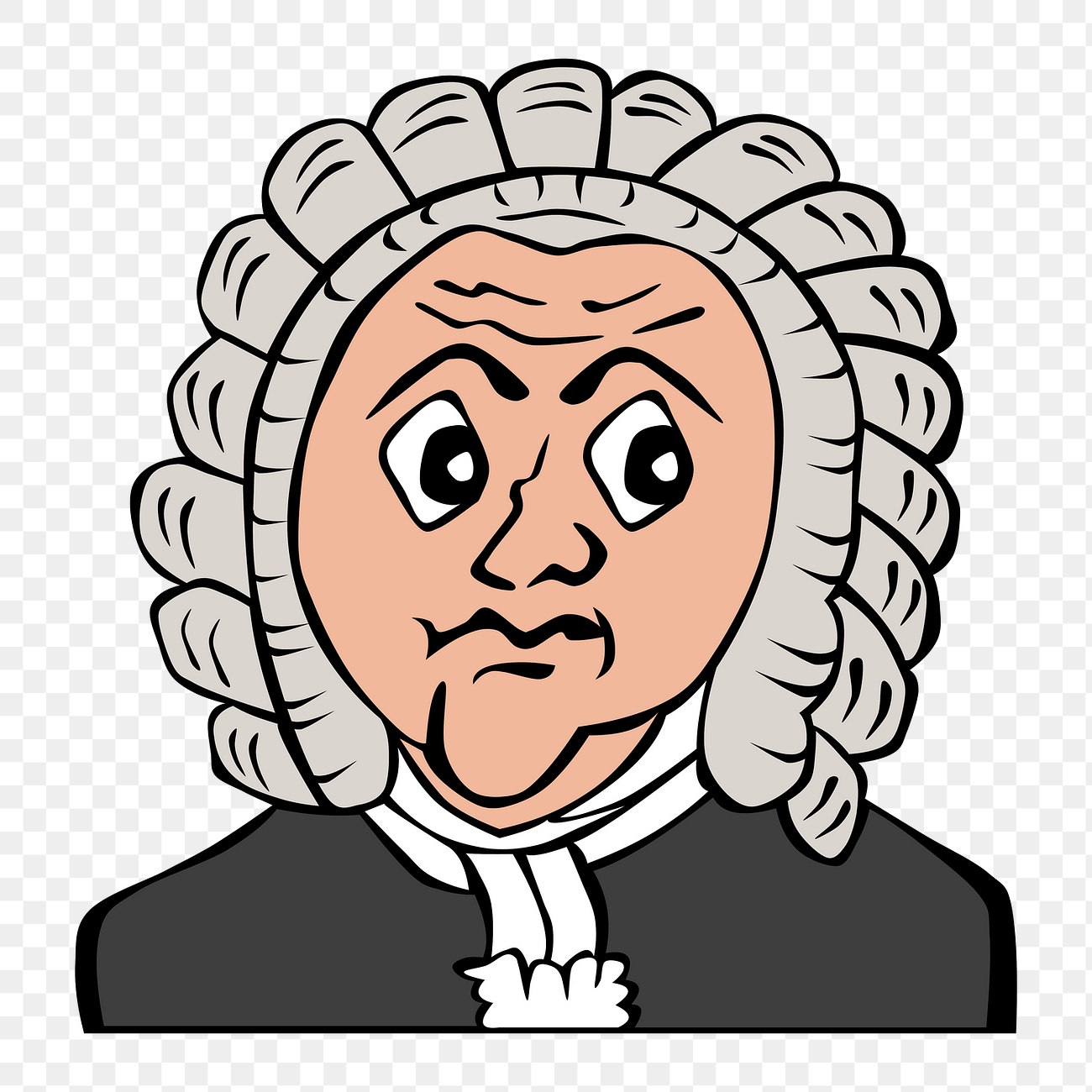 Cartoon illustration of a judge wearing a traditional wig and robe with a serious expression.